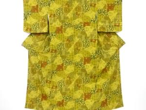 リサイクル　縮緬地花鳥・抽象模様小紋着物